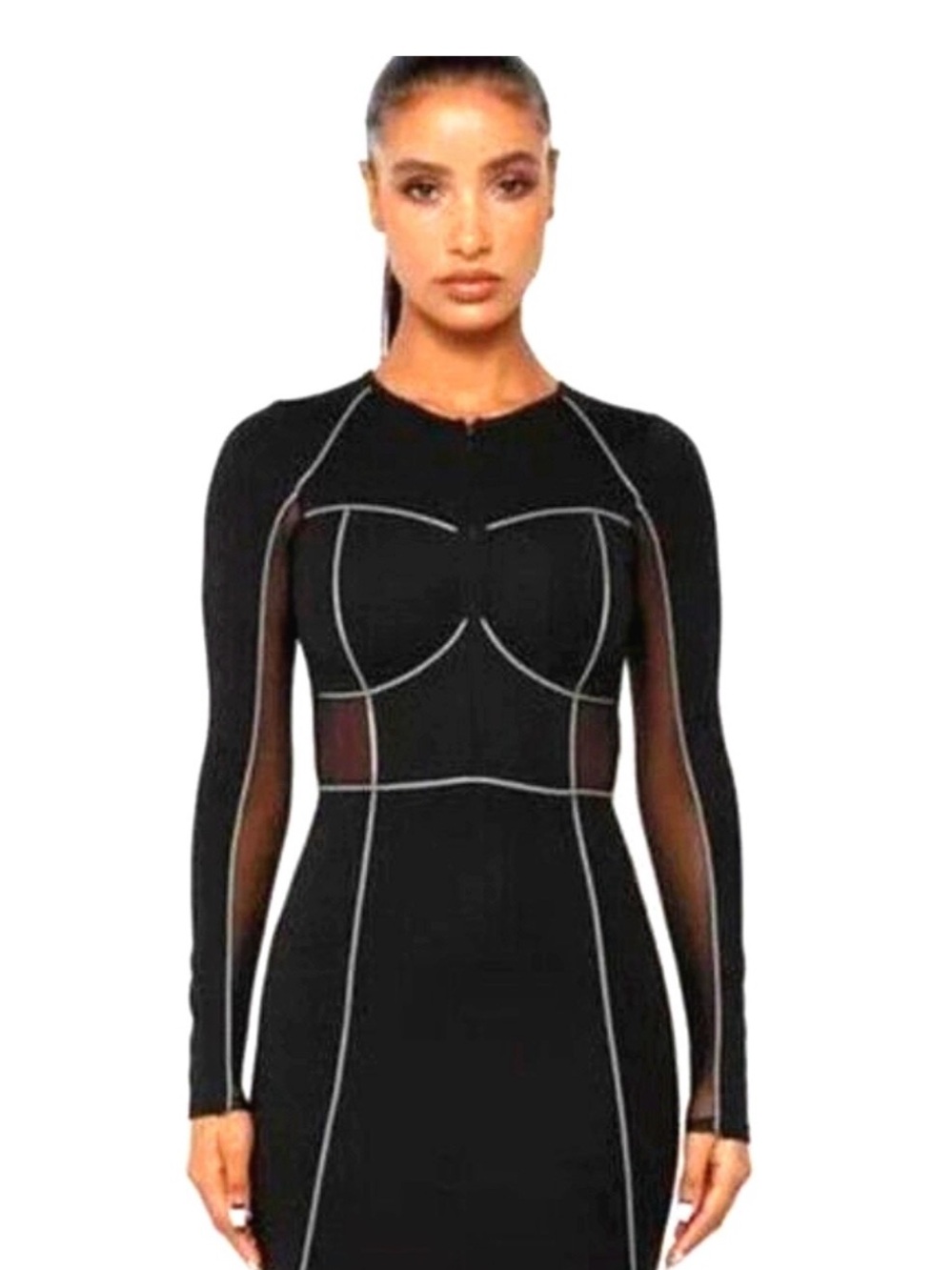 Maniere De Voir Black Long-Sleeve Bodycon Dress with Contrast Stitching